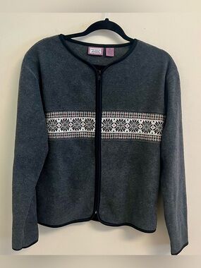 Womens Cardigan Sweater Fair Isle Pattern Full Zip Gray Medium